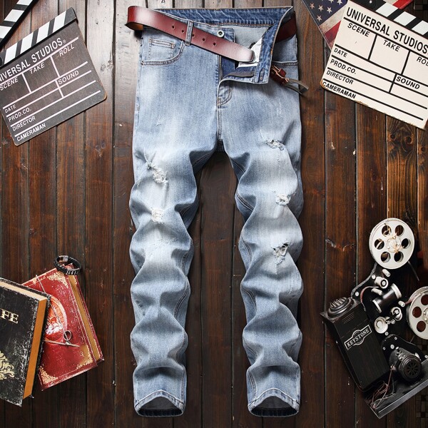

Men Ripped Skinny Jeans Without Belt, Light wash