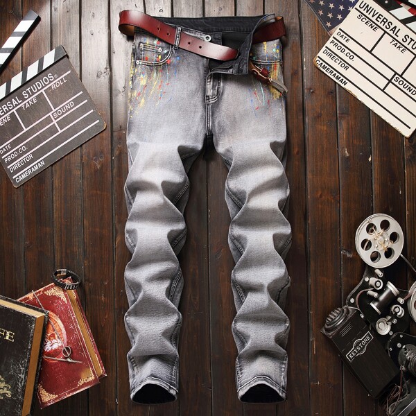 

Men Splatter Painting Skinny Jeans Without Belt, Grey