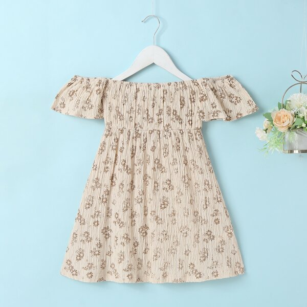 

Toddler Girls Floral Bardot Flounce Sleeve A-line Dress, Apricot