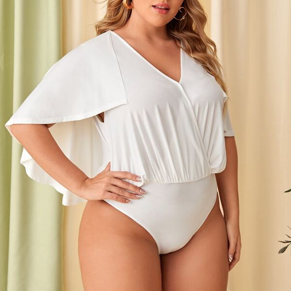 

Plus Surplice Neck Cape Bodysuit, White