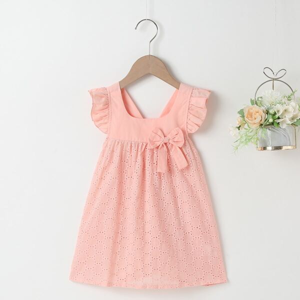 

Toddler Girls Hollow Out Bow Front Babydoll Dress, Pink
