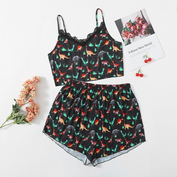 

Plus Allover Dinosaur Print Contrast Lace Cami PJ Set, Multicolor