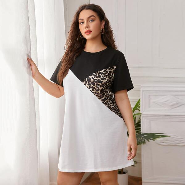 

Plus Leopard Cut And Sew Tee Dress, Multicolor