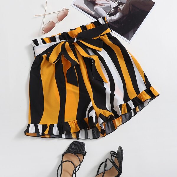 

Striped Paper Bag Waist Belted Shorts, Multicolor