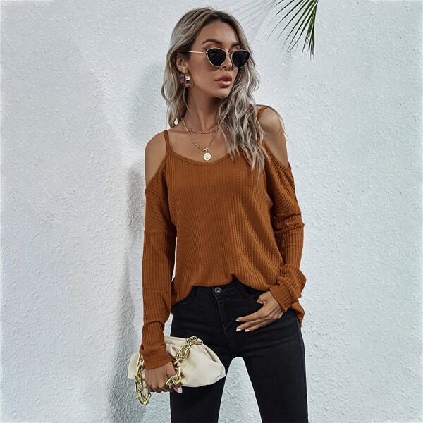 

Cold Shoulder Waffle Knit Tee, Mocha brown