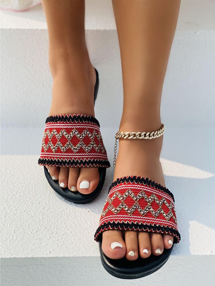 Sandalias chanclas tejidas con patrón geométrico - Rojo - Añade 1