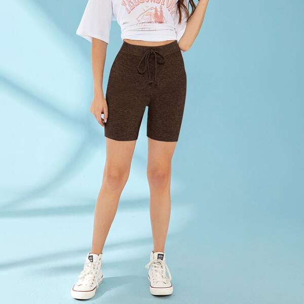 

Drawstring Waist Biker Shorts, Chocolate brown