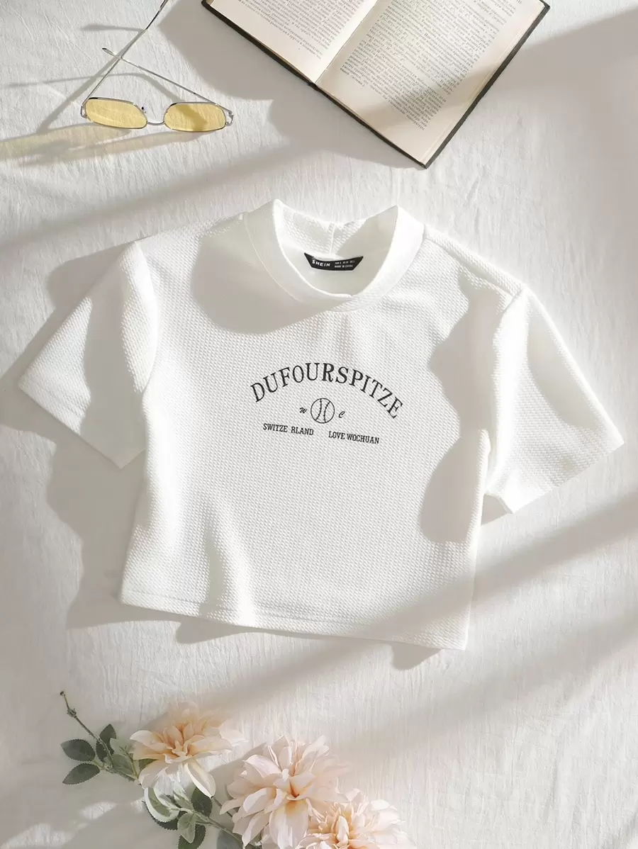 SHEIN Unity Mock Neck Letter Graphic Waffle Knit Tee - White - View 1