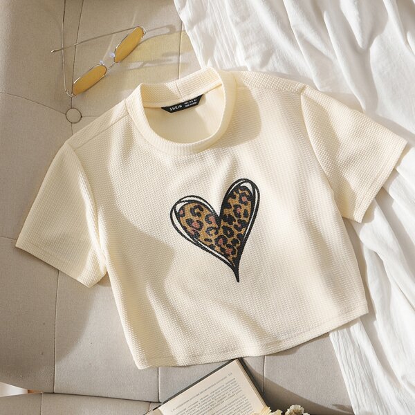 

Leopard Heart Print Waffle Knit Tee, Beige