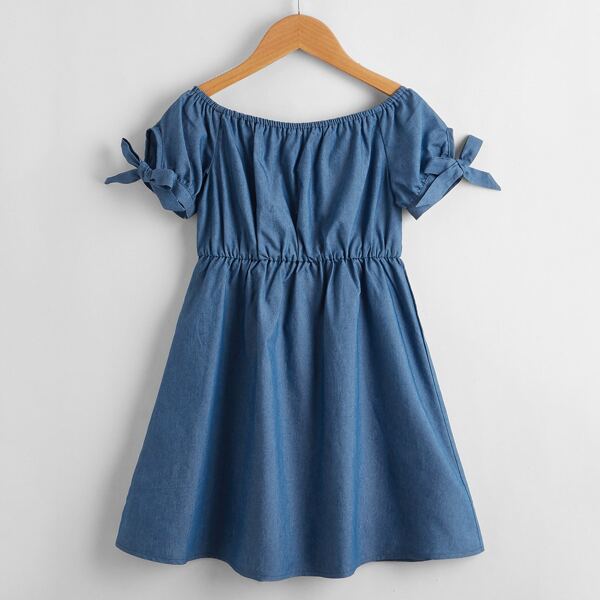

Girls Solid Knotted Cuff Denim Dress, Medium wash
