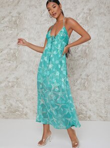 SHEIN Starfish Nautical Print Halter Cutout Dress - Green - View 2