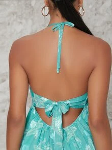 SHEIN Starfish Nautical Print Halter Cutout Dress - Green - View 4