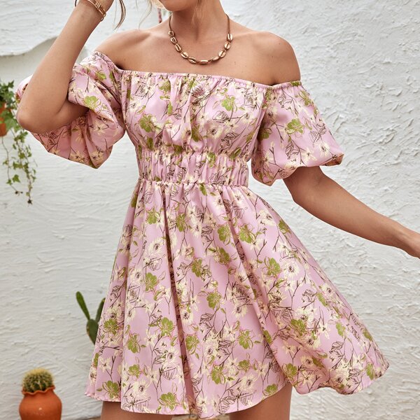 

Floral Print Bishop Sleeve Bardot Dress, Pink