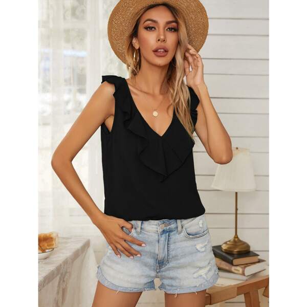 

Ruffle Trim Deep V-neck Blouse, Black