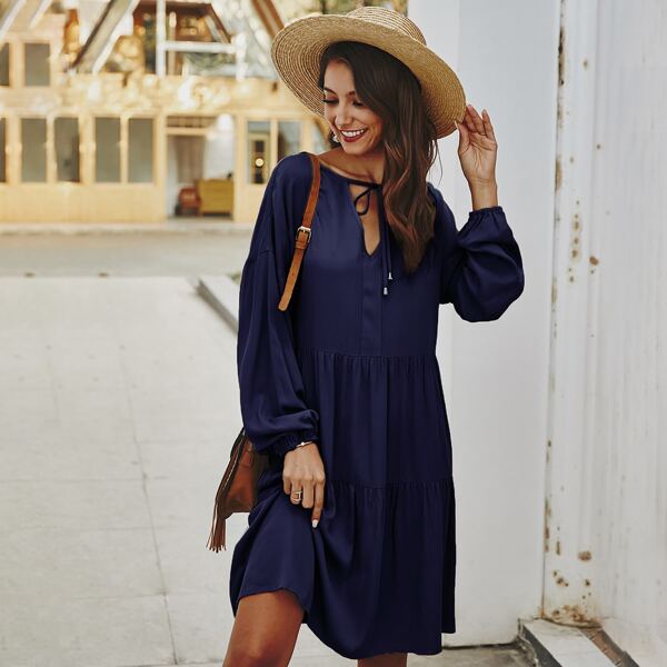 

Tie Neck Bishop Sleeve Babydoll Dress, Navy blue