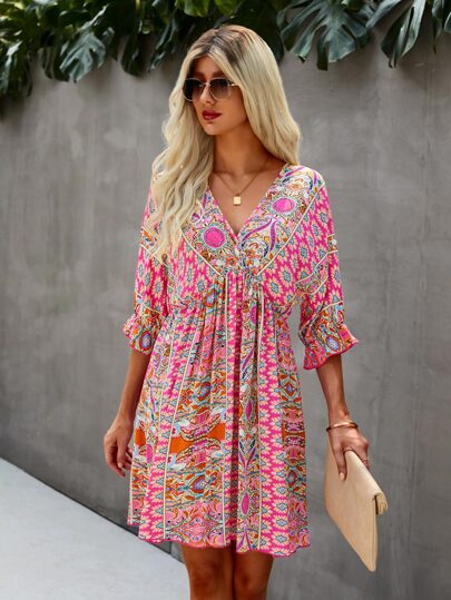 Boho Print Wrap Neck Tie Back Pleated Hem Dress