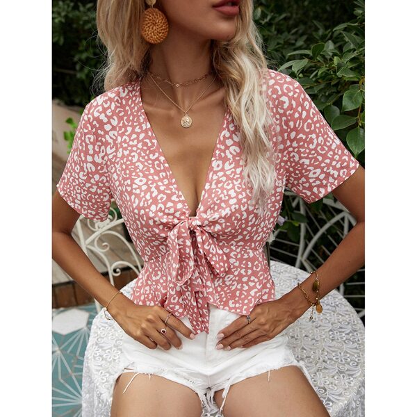 

Ditsy Floral Tie Front Peplum Top, Pink