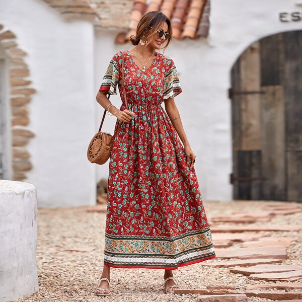 

Allover Floral V Neck Dress, Multicolor