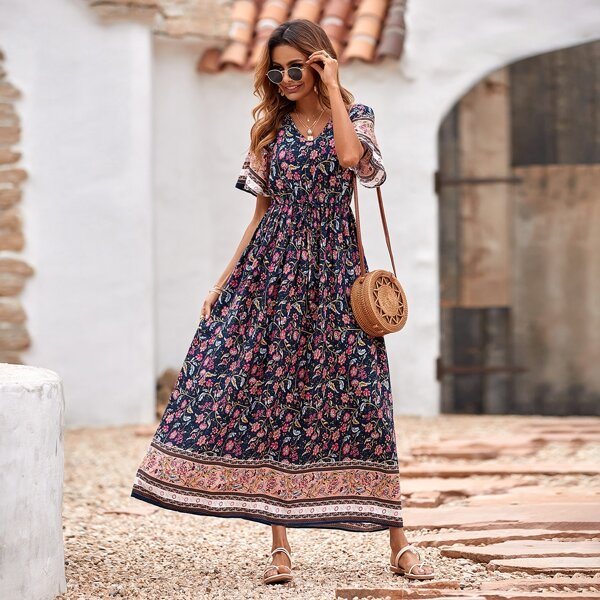 

Allover Floral V Neck Dress, Multicolor