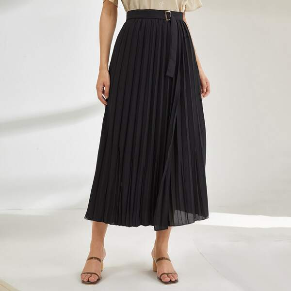 

Solid Pleated Belted Skirt, Black