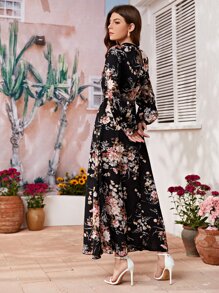 Mulvari Allover Floral Mock Neck Keyhole Back Dress - Black - View 2