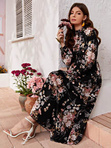 Mulvari Allover Floral Mock Neck Keyhole Back Dress - Black - View 3