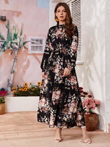 Mulvari Allover Floral Mock Neck Keyhole Back Dress - Black - View 5