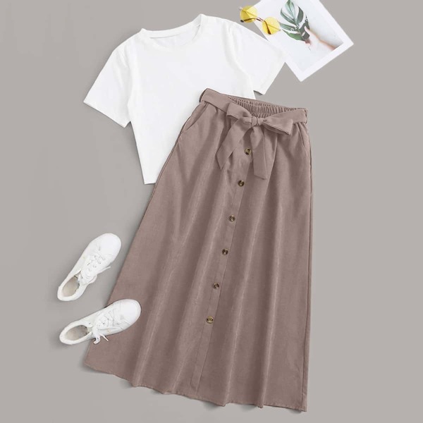 

Solid Tee & Button Front Belted Skirt, Multicolor