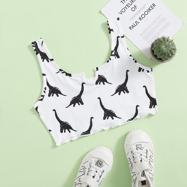 

Girls Notched Neck Dinosaur Print Tank Top, White