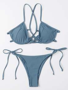 Lace-Up Thong Underwire Bikini Set - Dusty Blue - View 5