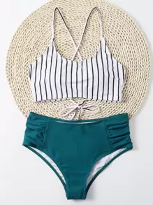 Striped Ruched High Waisted Bikini Set - Multicolor - View 1