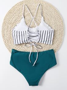 Striped Ruched High Waisted Bikini Set - Multicolor - View 2