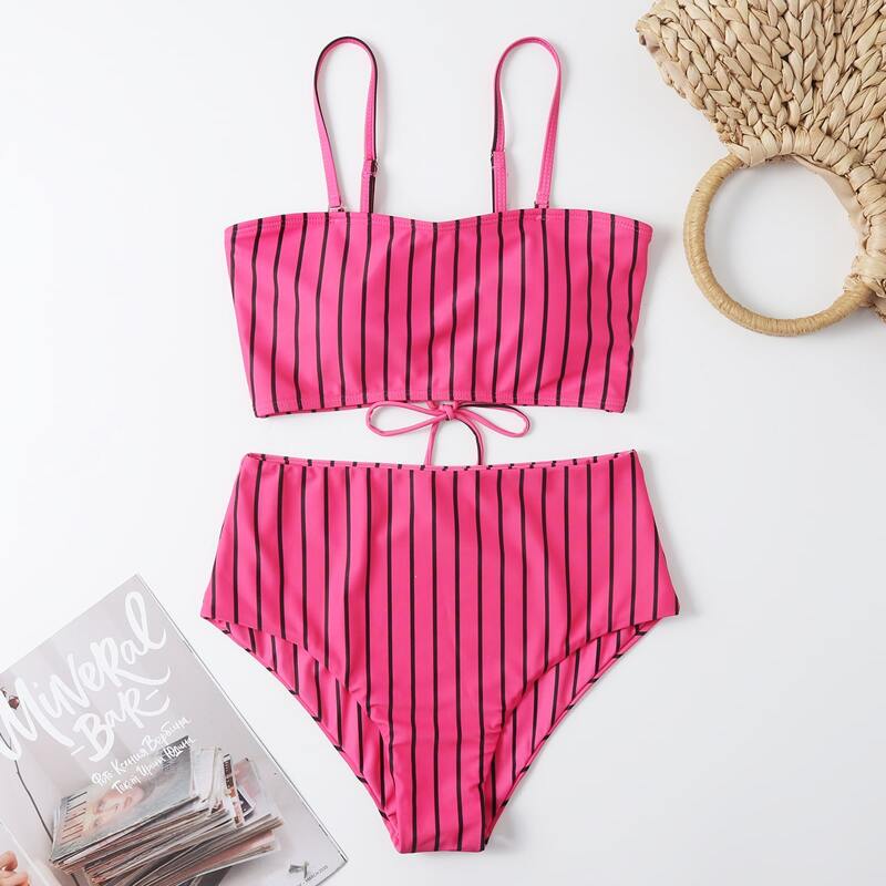 

Striped High Waisted Bikini Swimsuit, Hot pink