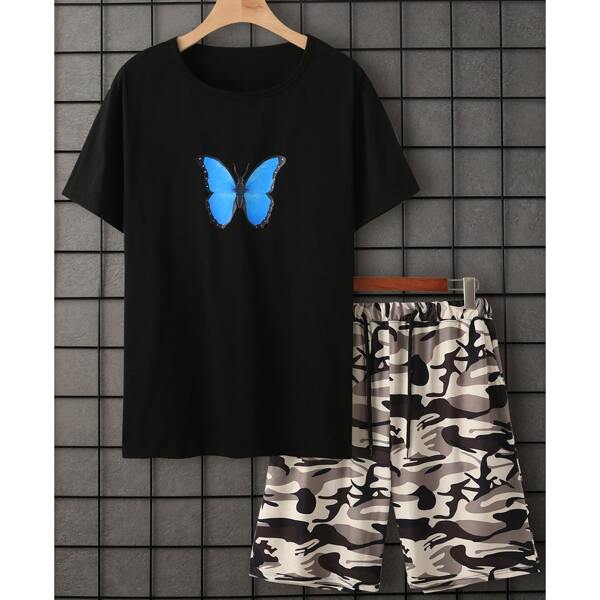

Men Butterfly Print Tee & Camo Shorts, Multicolor