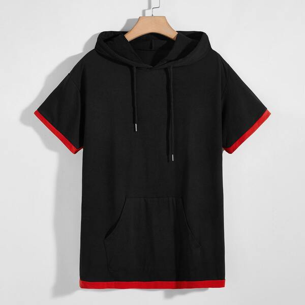 

Men Contrast Panel Kangaroo Pocket Drawstring Hooded Tee, Black