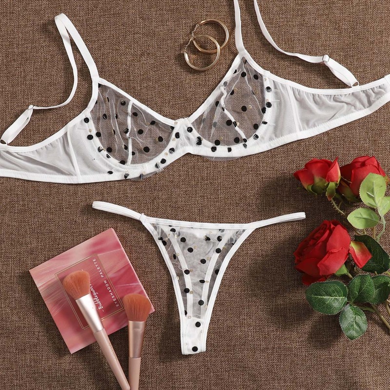 

Polka Dot Pattern Mesh Underwire Lingerie Set, White