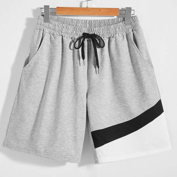 

Men Colorblock Drawstring Waist Shorts, Light grey