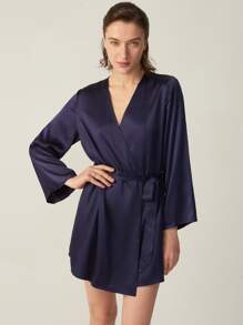 MOTF PREMIUM SILK BELTED GRADE 6A 22MM NIGHT ROBE - Navy Blue - View 1