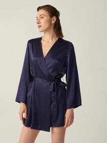 MOTF PREMIUM SILK BELTED GRADE 6A 22MM NIGHT ROBE - Navy Blue - View 6