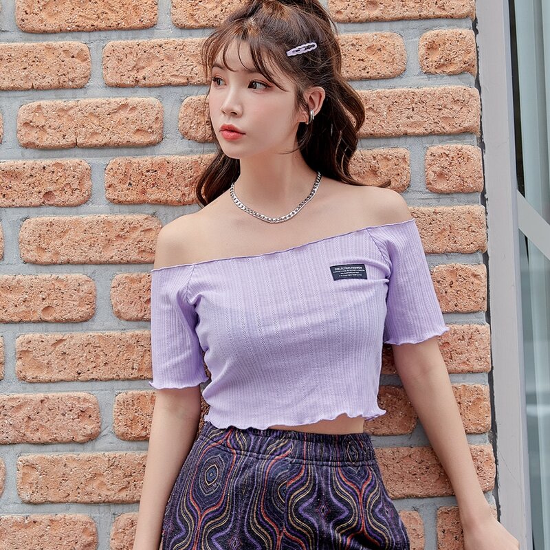 

Off The Shoulder Patched Lettuce Trim Crop Tee, Lilac purple