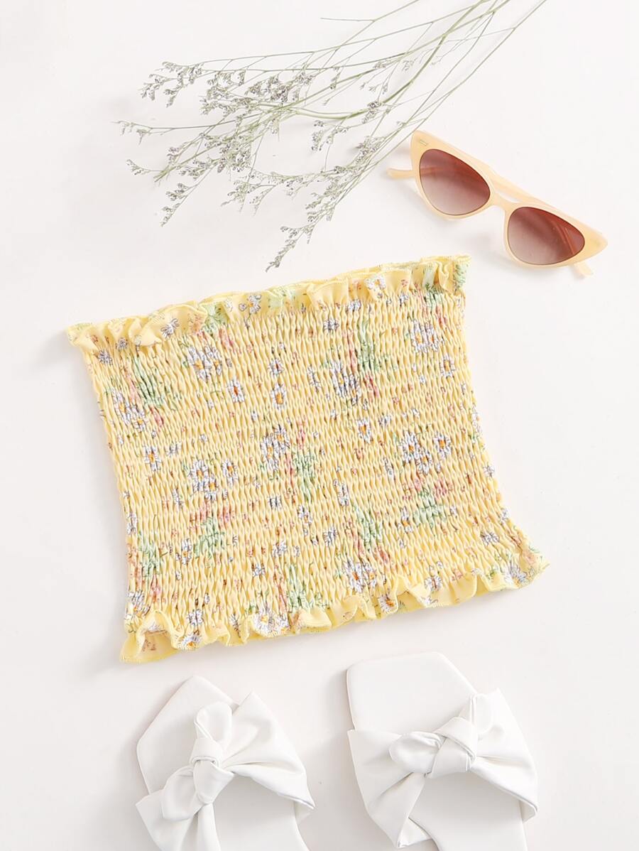 Breezaya 褶邊花卉抹胸短版上衣 - 黃色 - 查看 1