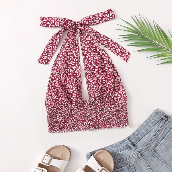 

Shirred Open Back Ditsy Floral Print Knot Halter Top, Red and white
