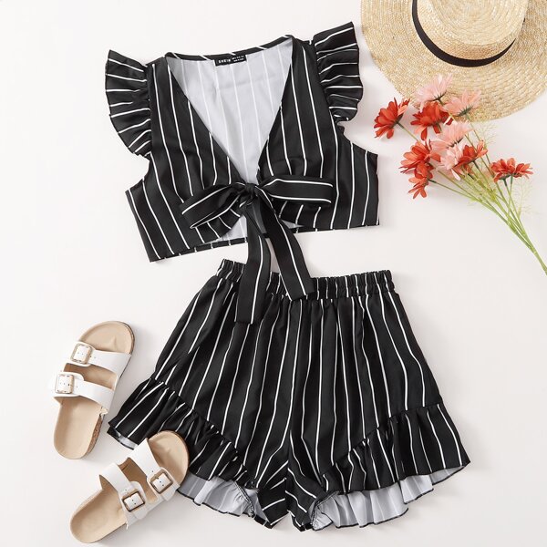 

Tie Front Striped Crop Top & Ruffle Hem Shorts Set, Black