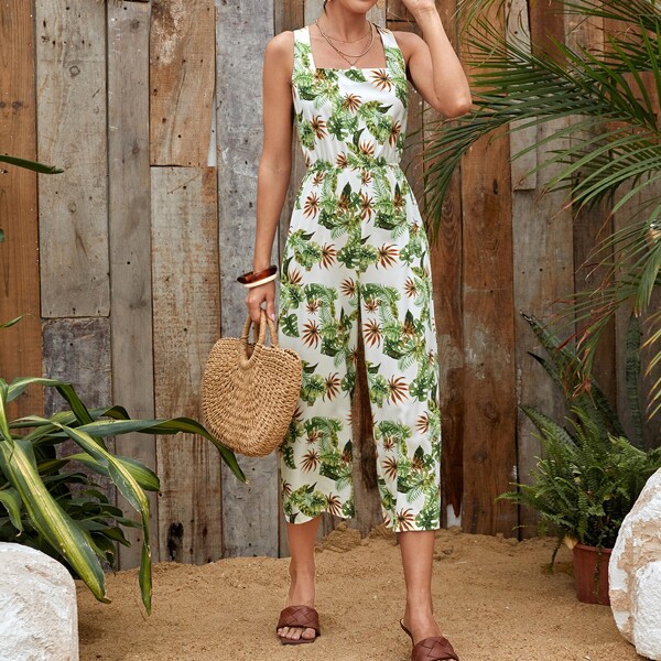 

Tropical Print Tank Jumpsuit, Multicolor