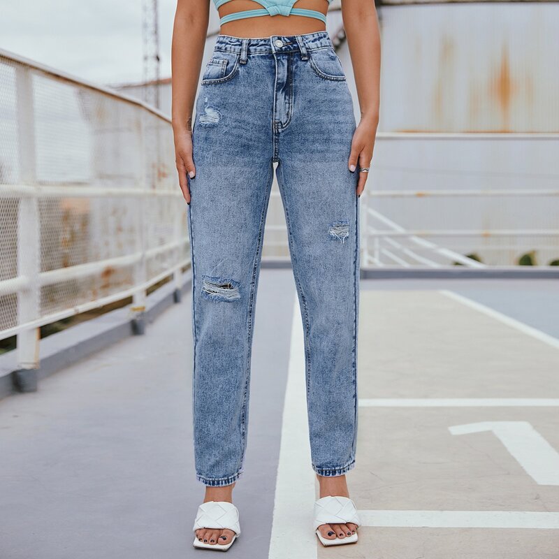 

High Waist Ripped Mom Jeans, Light wash