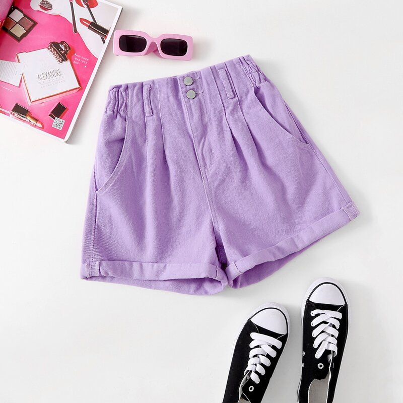 

Elastic Waist Roll Hem Denim Shorts, Lilac purple