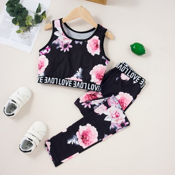 

Girls Floral And Letter Graphic Tank Top With Leggings, Black