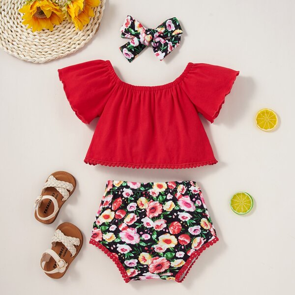 

Baby Girl Scoop Neck Top & Floral Print Shorts & Headband, Multicolor