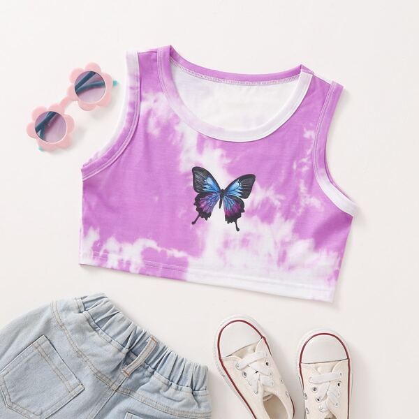 

Girls Tie Dye And Butterfly Print Crop Tank Top, Purple