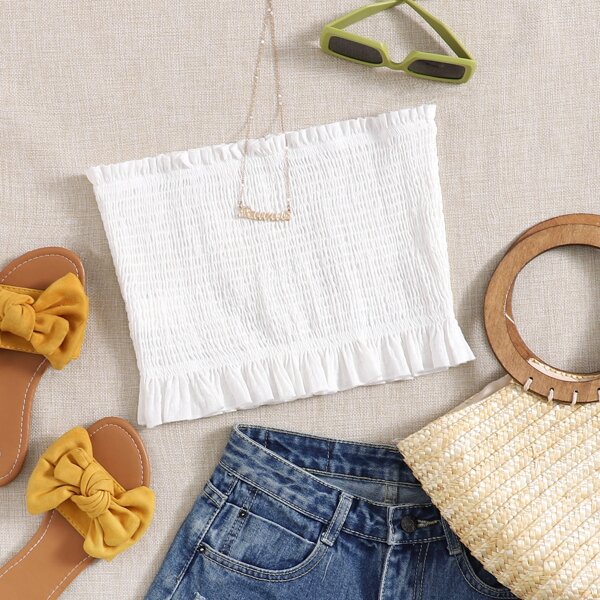 

Shirred Frill Trim Tube Top, Beige